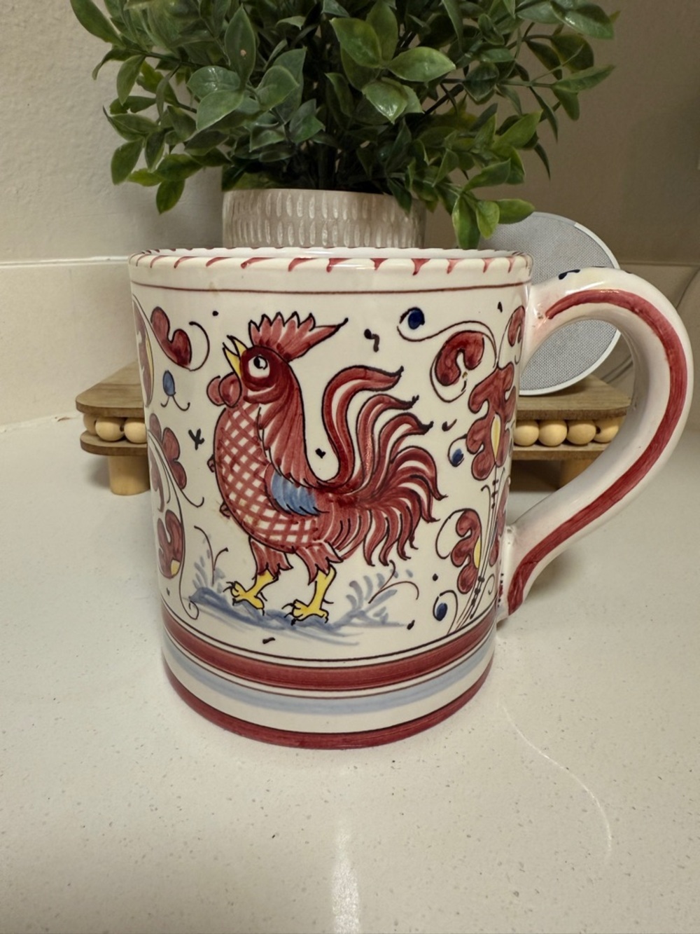 Grazia Deruta Italy Rooster Mug Red Rooster Hand Painted Italian Pottery 16 oz